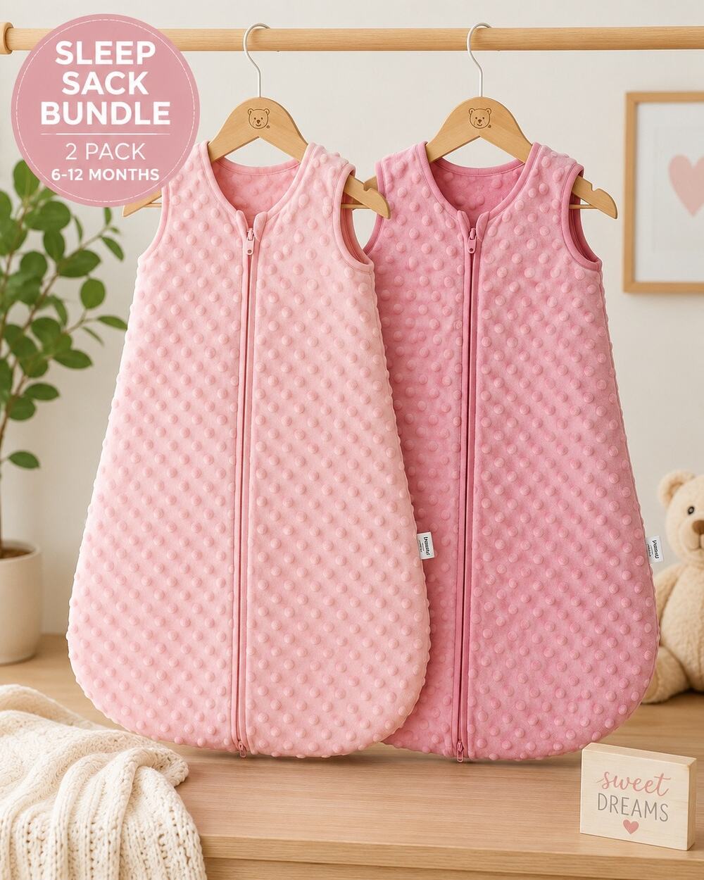 Unnivoll Pink Sleep Sack Bundle 6-12 Months Set of 2 Minky Dot